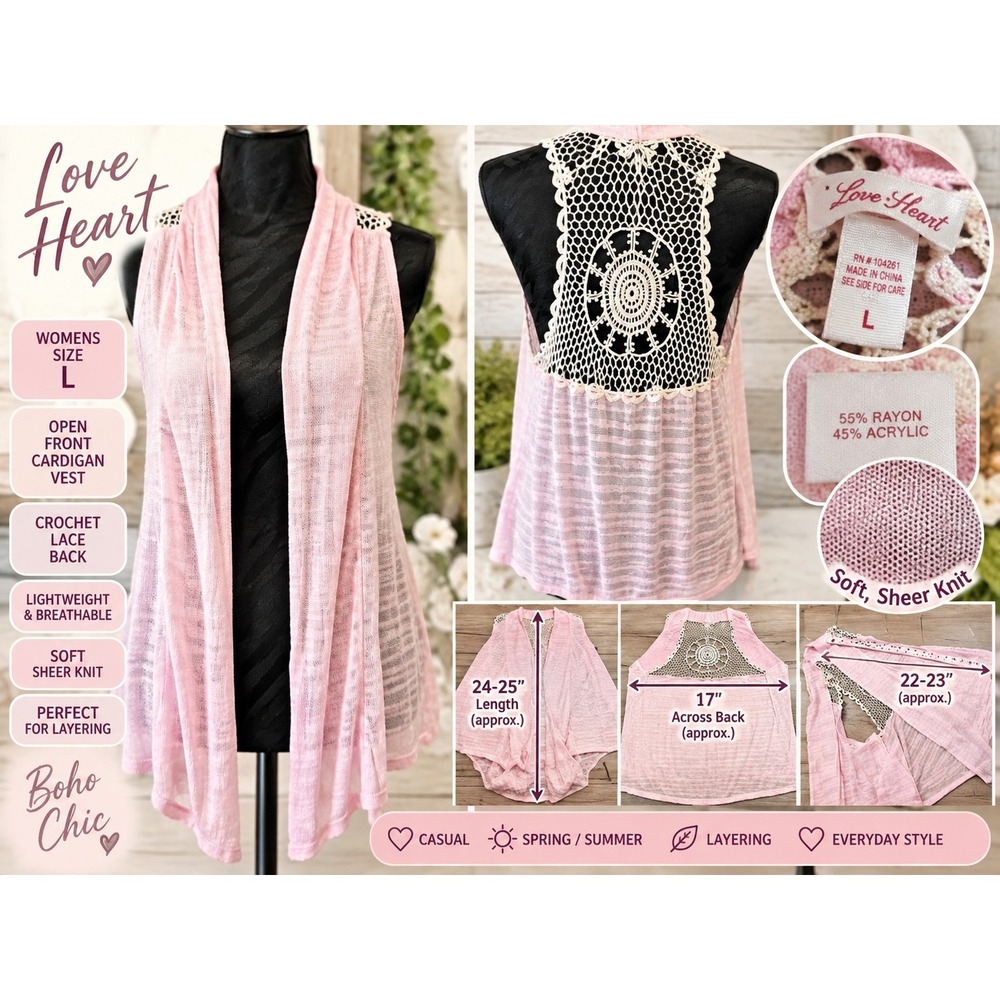 Love Heart Pink Open Front Cardigan Vest Crochet Lace Back Boho Womens Large